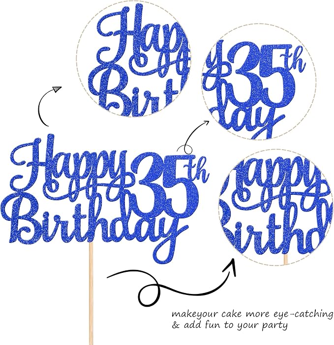 1 PCS Happy 35th Birthday Cake Topper Glitter Cheers to 35 Years Birthday Cake Pick Thirty Five 35 Fabulous Cake Decoration for Happy 35th Birthday Theme Party Decorations Supplies Blue