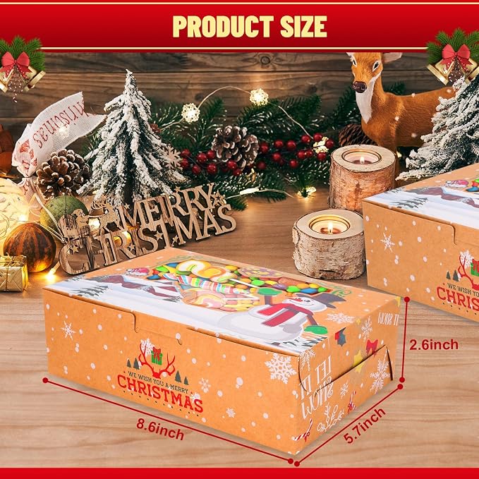 24 Pack Christmas Cookie Boxes with Window, 8.7" x 5.9" x 2.7" Large Holiday Bakery Treat Boxes for Gift Giving, Pastry, Candy, Party Favors, Christmas Kraft Gift Boxes with Ribbons and DIY Gift Tags