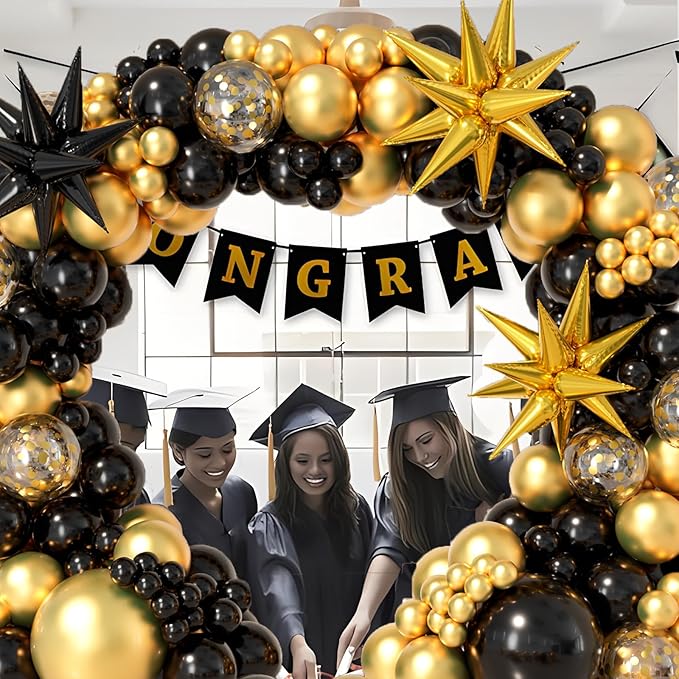 Bonropin Black and Gold Balloon Garland Arch Kit 158pcs with Black Gold Confetti Balloons, Star Foil Balloons, for Graduation New Year Anniversary Birthday Party Decorations