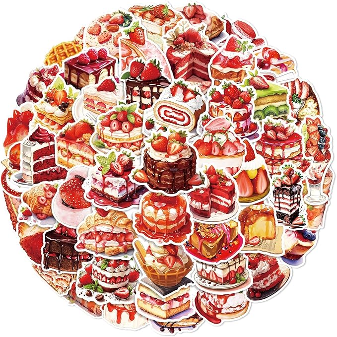 50 Pcs Cute Strawberry Dessert Stickers, Watercolor Food Stickers, Waterproof Vinyl Stickers for Journals, Water Bottles, Laptops, Scrapbooking (Strawberry Dessert)