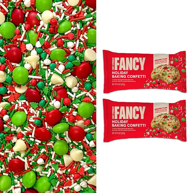 Fancy Sprinkles Holiday Baking Confetti | Candy-Coated Morsels & Christmas Tree Shaped Confetti Pieces | Christmas Cookie Mix-In & Chocolate Chip Alternative | Holiday Baking | 8 oz (2 Pack)