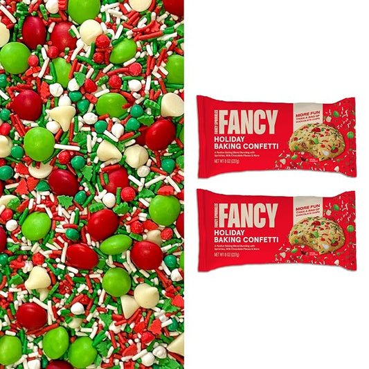 Fancy Sprinkles Holiday Baking Confetti | Candy-Coated Morsels & Christmas Tree Shaped Confetti Pieces | Christmas Cookie Mix-In & Chocolate Chip Alternative | Holiday Baking | 8 oz (2 Pack)