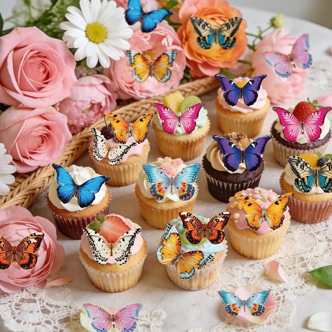 72PCS Edible Butterfly Cupcake Toppers Wafer Paper 3D Butterflies Cake Picks Colorful Cake Decorations for Spring Theme Baby Shower Wedding Kids Birthday Party Cake Decor Supplies