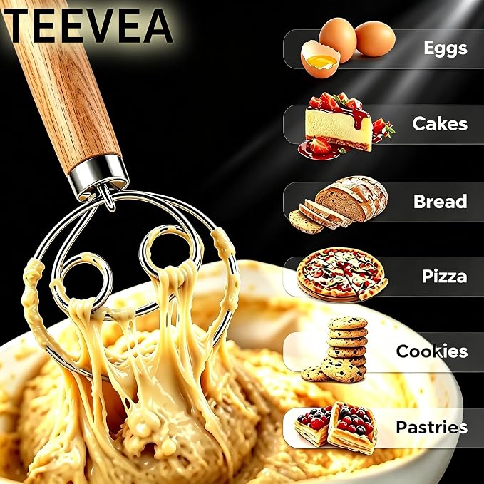 TEEVEA Danish Dough Whisk Stainless Steel Wooden Handle for Sourdough Bread | 4-Loop Anti-Clog Head Stops Lumps, Non-slip Grip Cuts Stirring Fatigue, Compact Build for Storage & Hand Wash Only