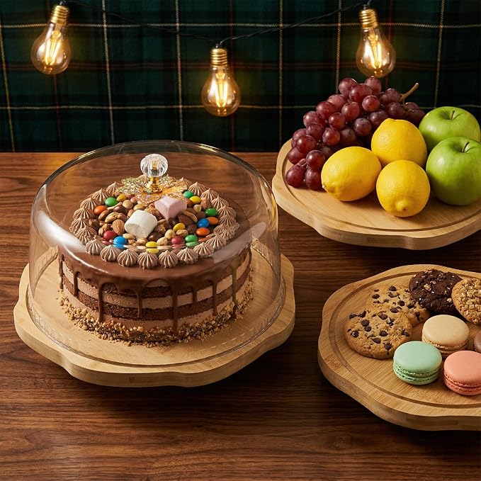 Pumtus Rotating Cake Stand with Acrylic Lid, Round Bamboo Cake Turntable for Decorating, Spinning Charcuterie Board with Dome, Dessert Display Platter, Pastry Cheese Pie Holder for Birthday Wedding