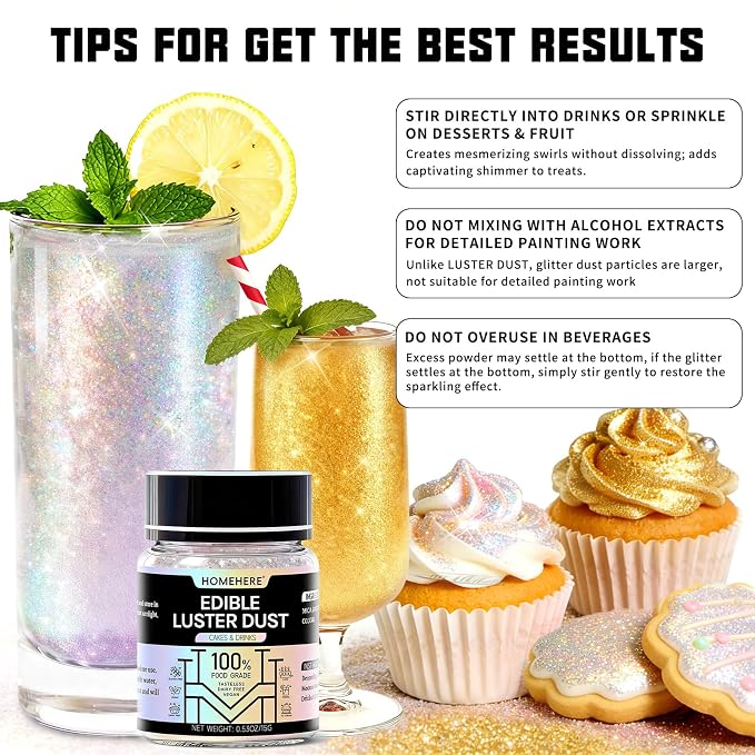 HomeHere Edible Luster Dust Food-Grade Glimmer Powder Glitter for Cake Decorating 15g, Edible Sprinkle Glitter for Cocktails Drinks Baking Candy Dessert Chocolate Vegan Tasteless