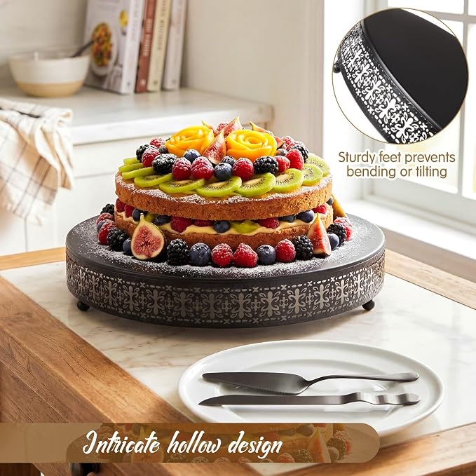 Wenqik Black Cake Stand 16 Inch Metal Round Cupcake Dessert Wedding Cake Stand with Cutting & Spatula Cookies Display Holder Fruit Serving Tray for Table Wedding Birthday Anniversary Party