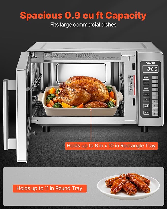 VEVOR Commercial Microwave Oven, 0.9 Cu Ft, 1000W Digital Stainless Steel Countertop Microwave Oven with Touchscreen, 10 Cooking Presets, 5 Power Levels, Multi-Lock Door & Easy Clean for Restaurants
