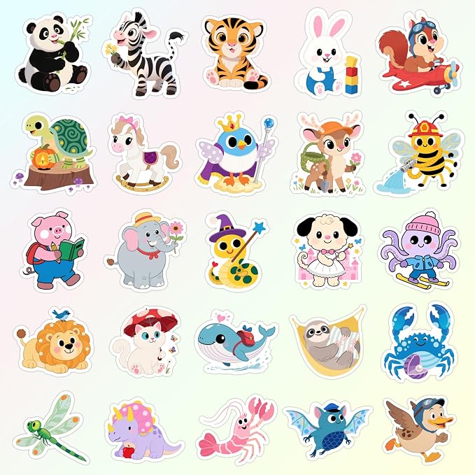 50PCS Animal Stickers, Cute Water Bottle Stickers for Kids, for Teaching Rewards, Notebooks, Stationery, Luggage, Cartoon PVC Happy Stickers