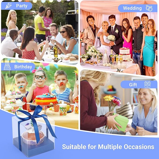 EUSOAR Cupcake Boxes Individual, 50 Pcs 3.5 Inch Clear Plastic Cupcake Container Box Individual with Inserts and Ribbon, Transparent Pastry Wrappers Clear Muffin Gift Holder Wedding Favor Bakery Decor