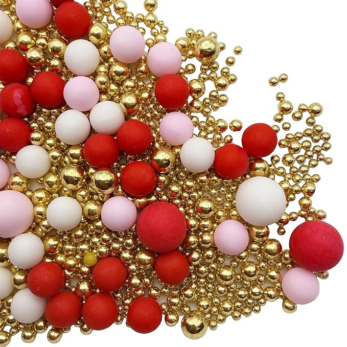 SE Si&Moos Gold Pink Red and White Sprinkles for Cake Decorating Valentines Sprinkles Red and Pink Edible Pearl Cake Decorations Gold Sprinkles for Cake, Cupcake, Baby Shower Birthday Party Holiday Christmas Supplies 3 OZ