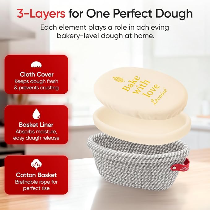 Levainé 2 Pack Cotton Rope Banneton Bread Proofing Basket Set, Round & Oval Sourdough Proofing Baskets with Liners and Covers, Washable Bread Baking Supplies for Homemade Artisan Bread