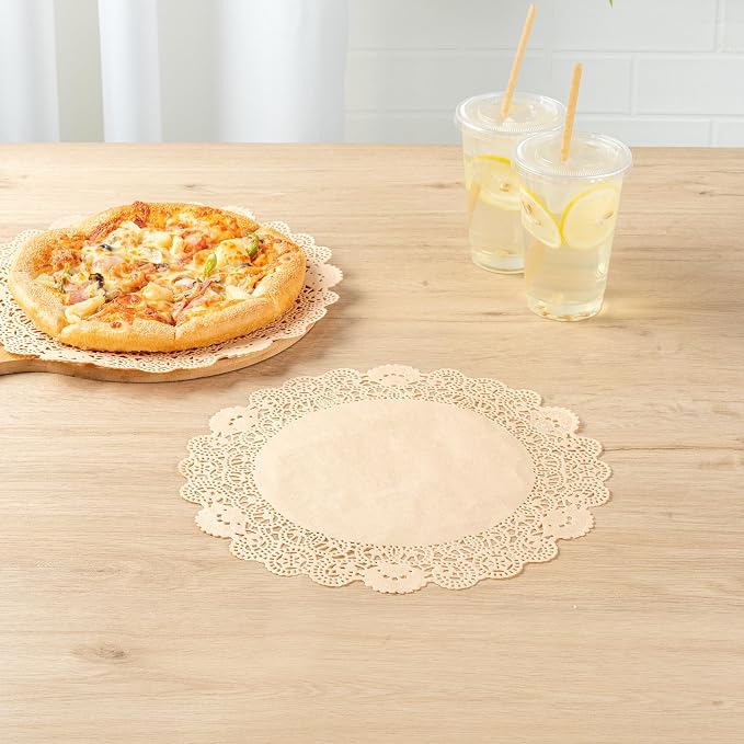 Pastry Tek 12 x 12 Inch Paper Lace Doilies, 100 Disposable Table Doilies - Elegant Lace Finish, Long Lasting, Kraft Paper Doily, for Pastries, Cupcakes, Desserts - Restaurantware