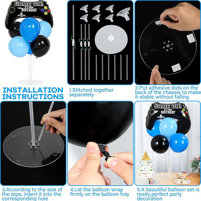 4 Sets Video Game Birthday Party Balloons Stand Kit with Game Handle Foil Balloons Black Blue Party Ball Balloon Centerpiece for Tables for Boy Girl Video Gamer Gaming Birthday Baby Shower Decoration