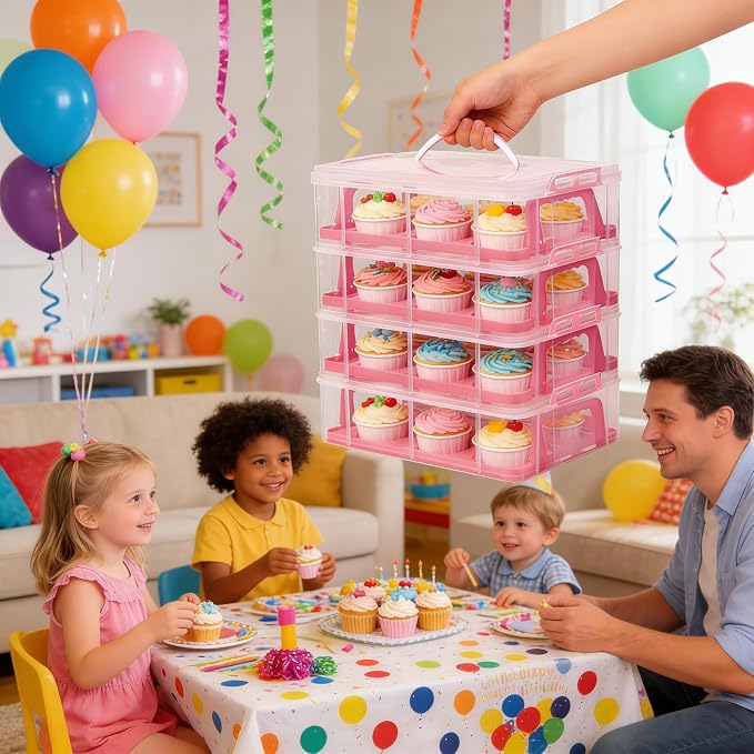 Cupcake Carrier Stackable Storage Container Collapsible Cake Carrier with Lid and Handle, with 50 PCS Cupcake liners,Reusable Plastic Dessert Travel Container,Transport Box (48 Cupcakes Pink)