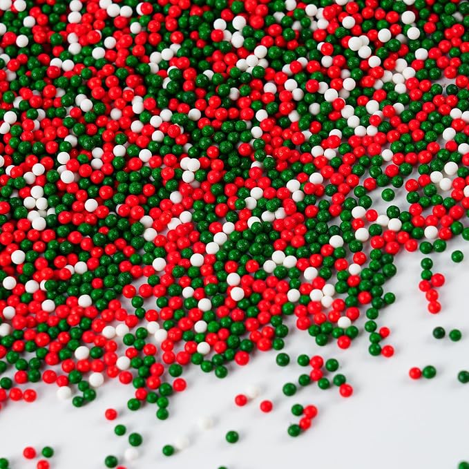 Christmas Sprinkles Bulk 16oz - Edible Red Green White Nonpareils Mini Pearls for Baking, Cookies, Cupcakes | Holiday Sprinkles Topper Decorations, Xmas Cake Decorating Supplies 1lb