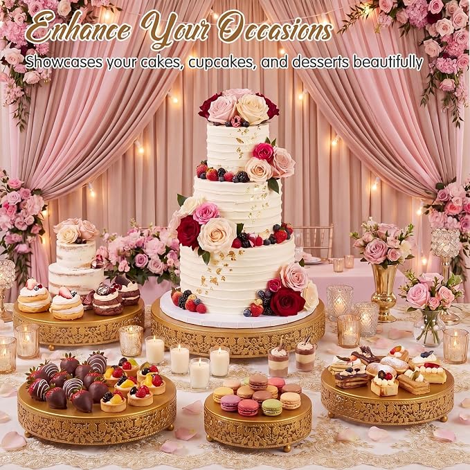 Wenqik 5 Pcs Metal Gold Cake Stand 16/14/12/10/8 Inch Round Cake Holder Display for Dessert Table Cookies Fruit Serving Tray Cupcake Pastry Riser for Wedding Birthday Party and Events