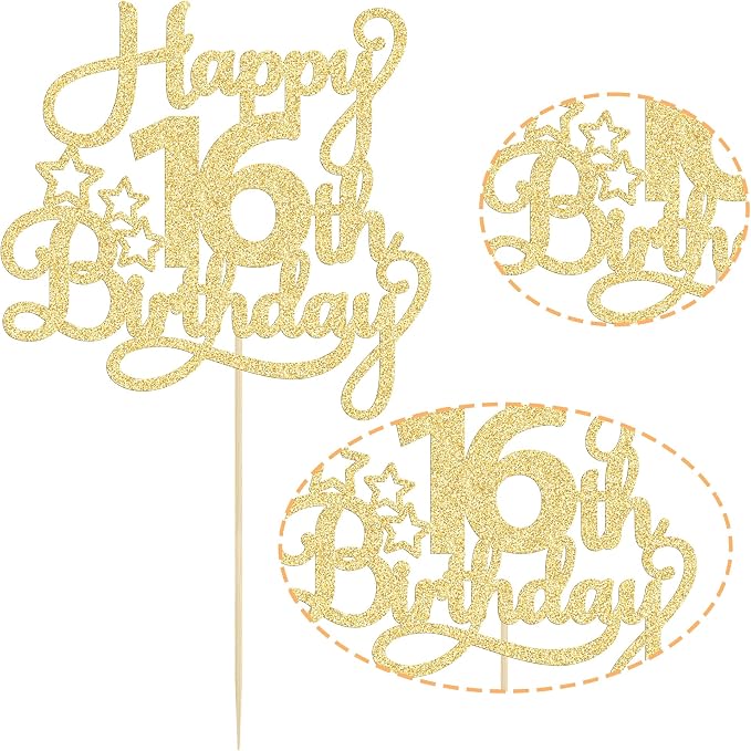 1 Pack Happy 16th Birthday Cake Topper Glitter Sweet 16 Cake Pick Birthday 16th Birthday Cake Decorations for Children 16th Theme Party Supplies Gold
