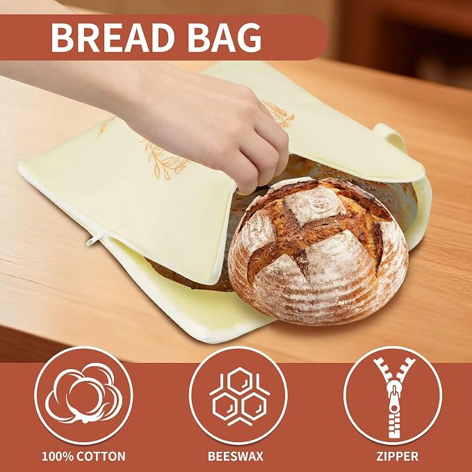 2 Pack Beeswax Bread Bags for Sourdough Homemade Bread with Zipper,Reusable Bread Bag Food Storage,Organic Cotton Linen Natural Material Fresh-Keeping Bag