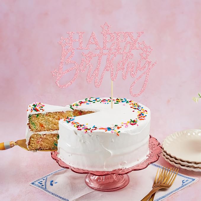 Gyufise 1Pcs Happy Birthday Cake Topper Glitter Happy Birthday Cake Pick for Celebrating Happy Birthday Anniversary Theme Party Cake Decorations Supplies Dark Pink