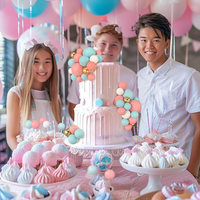 56 PCS Ball Cake Picks Colorful Ball Shaped Cake Topper Pearl Balls Cupcake Cake Insert Topper for Birthday Party Wedding Decoration Supplies Blue Pink Series Four Colors