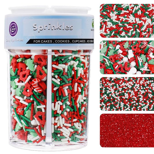 Christmas Sprinkles for Cookies Holiday Assortment 8 oz, White Red and Green Sprinkles Edible Jimmies, Nonpareils and Sanding Sugar Pearls for Decorating Christmas Cookies, Baking, Cupcakes, Cakes, Desserts