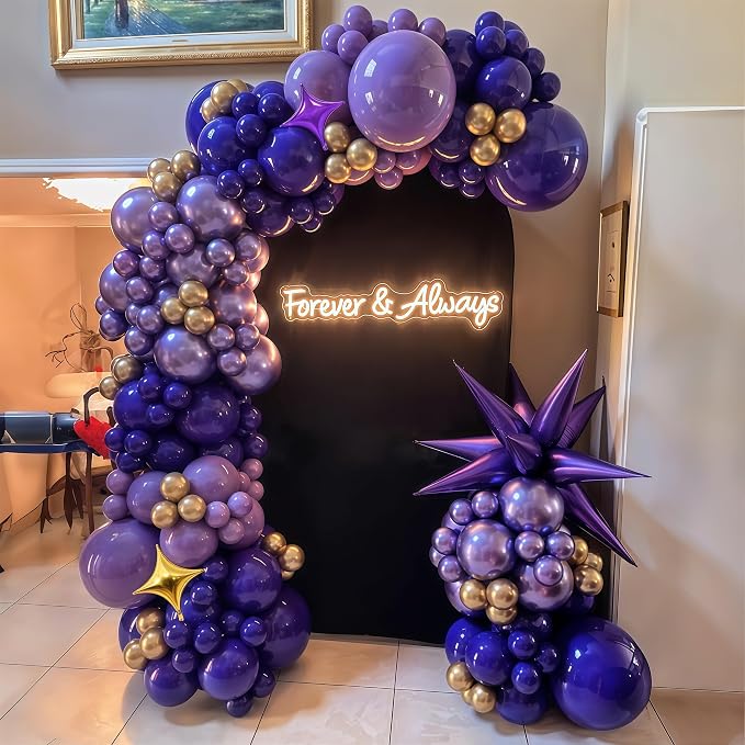 Purple and Gold Balloon Arch Kit Graduation Decorations 2026, 110Pcs Purple Balloon Garland with Explosion Foil Star Metallic Dark Violet Lavender Lilac Birthday Party Balloons for College School Prom