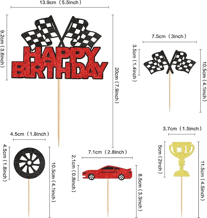 Ercadio 25Pcs Racing Car Happy Birthday Cake Toppers Checkered Flag Race Cars Wheels Cupcake Toppers Baby Shower Race Car Funny Birthday Party Decoration Supplies