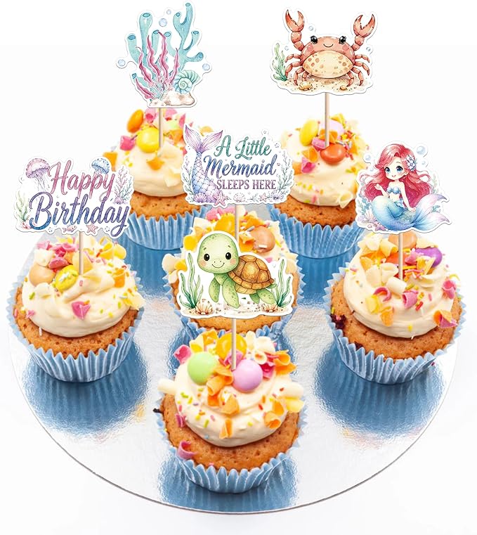 40 PCS Mermaid Cupcake Toppers Ocean Animal Cake Decorations Turtles Octopus Seashell Crab Fish Cupcake Picks Mermaid Birthday Decorations for Under the Sea Theme Baby Shower Birthday Party Supplies