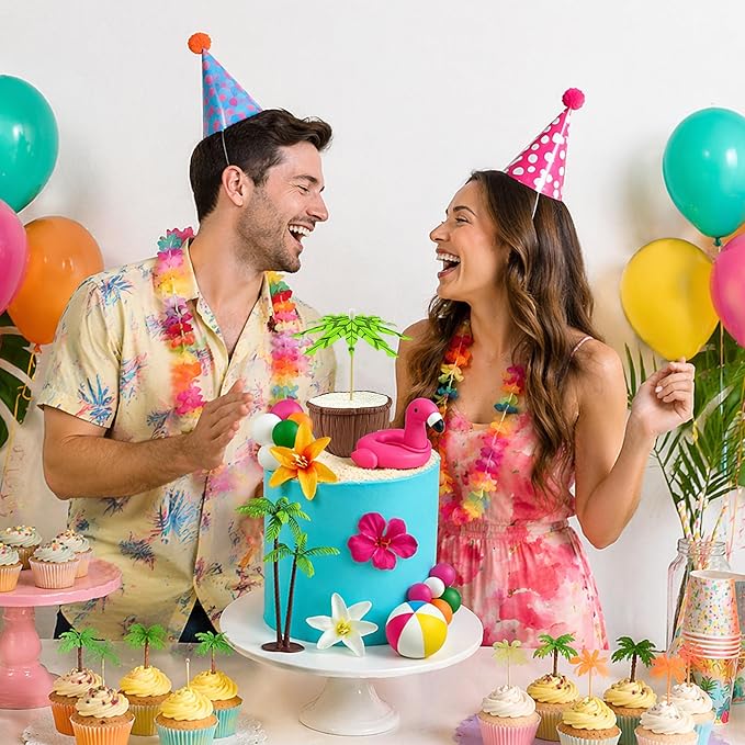 20 PCS Hawaiian Beach Cake Decorations Set Summer Tropical Cake Topper with Flamingo Rainbow Coconut Tree for Hawaiian Party Beach Theme Party Decor