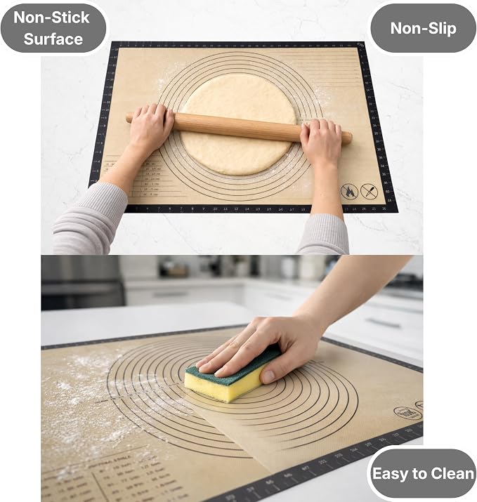 Silicone Pastry Mat with Measurements, 36 x 24 Inch Extra Thick Non-Slip Nonstick XL Baking Mat for Dough Rolling, Kneading, Fondant and Pie, Gray