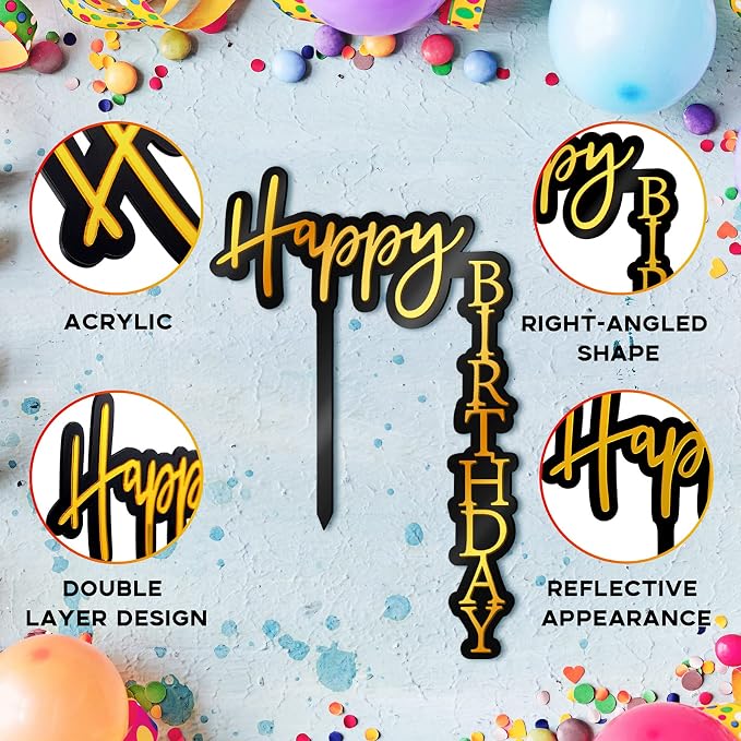 6 Pieces Acrylic Happy Birthday Cake Toppers Decoration Right Angled Shape Vertical Cake Pick Decor Party Supplies for Adults Friends