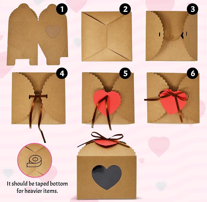 Gift Boutique Heart Gift Boxes 24 Pack Kraft Paper Favor Boxes with Heart Window Ribbon and Tags for Candy Cookies Treats Weddings Showers Party Favors