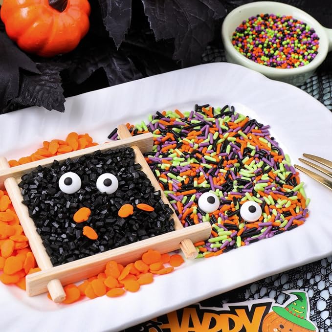 Halloween Sprinkles Edible for Cake Decorating, 8Oz Sprinkles with Black Orange Purple Nonpareils and Jimmies, Eyeball, Black Sugar and Orange Pumpkin for Cupcakes Cookie Ice Cream Baking Topping