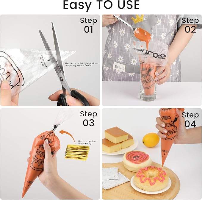 TOPULORS Disposable Piping Bags, 12"H 14" Full Size, 100PCS Pastry Bags with Twist Ties, Extra Thick Tear Resistant Non-Slip Tipless Icing Bags, Easy Squeeze for Cake Cookie Frosting Decoration
