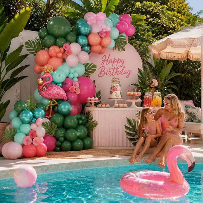Tropical Flamingo Balloon Arch Garland Kit, Hot Pink Metallic Green Light Pink Orange Balloon Flamingo Foil Balloons for Hawaiian Summer Luau Aloha Beach Pool Baby Shower Birthday Party Decorations