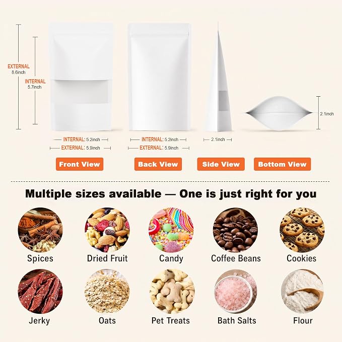 FireKylin 100 Pcs Resealable Bags, Paper Stand Up Pouches Bags with Matte Window for Small Businness, Zipper & Heat Sealable Treat Bags for Packaging (Inner Size 5.2" x 5.7"; Outer Size 5.9" x 8.6")