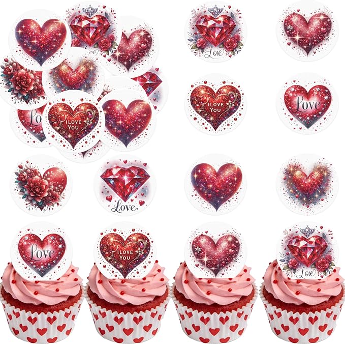 36PCS Edible Red Heart Cupcake Toppers Wafer Paper Sweet Love Be Mine Kiss Me Heart Cupcake Picks Valentine’s Cake Decor for Valentine's Day Theme Wedding Party Supplies