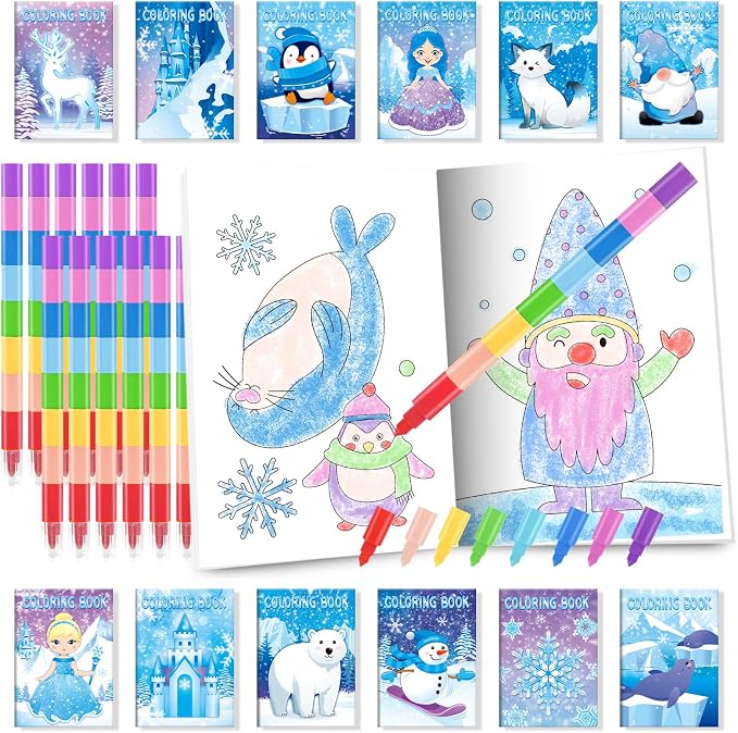 BenLouis 24 Frozen Mini Coloring Books with 24 Stacking Crayons Party Favors Winter Snowflake Themed Activity Book Crafts Bulk for Kids Frozen Birthday Goodie Bag Stuffers Christmas Classroom Supplies