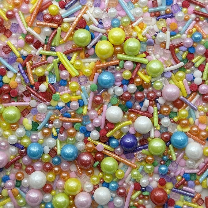 CandiJumpin Rainbow Pearl Sprinkles, Edible Pearls and Jimmies Mix Rainbow Sprinkles Crunchy Jimmies Edible Pearls for Cake Decorating Pearl Decoration for Baking Baby Shower Party Birthday Wedding Christmas Supplies 3 OZ