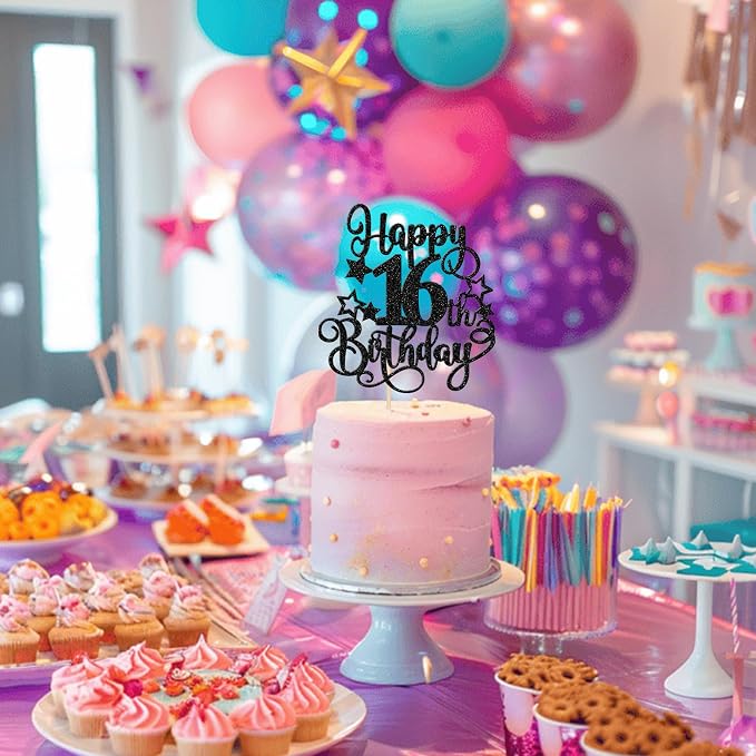 1 PCS Happy 16th Birthday Cake Topper Glitter Cheers to 16 Years Birthday Cake Pick Hello 16 Fabulous Cake Decoration for Happy 16th Birthday Anniversary Party Decorations Supplies Black