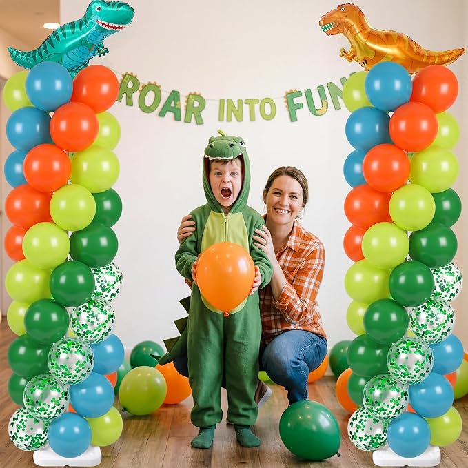 Skylety 2 Sets Dinosaur Balloon Column Stand Kit Adjustable Dino Green Orange Blue Balloon Tower Stand with Bases for Jungle Dino Birthday Wedding Graduation Party Baby Shower Decorations Supplies