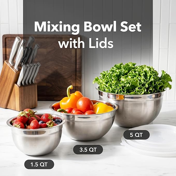OVENTE Mixing Bowl Set with Lids, 3-Piece Stainless Steel Nesting Bowls for Easy Food Storage, Stackable Design, Kitchen Essential for Baking, Cooking and Prepping, Size 5, 3.5, 1.5QT, Silver BM46333S