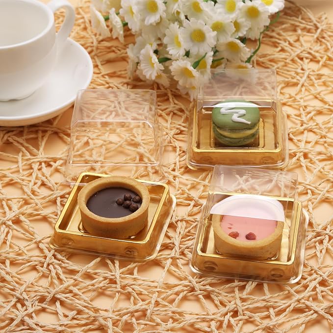 50 Set Gold bottom Clear cover plastic mini cake box,muffin box,moon cake box,mung bean cake snow Mei Niang box