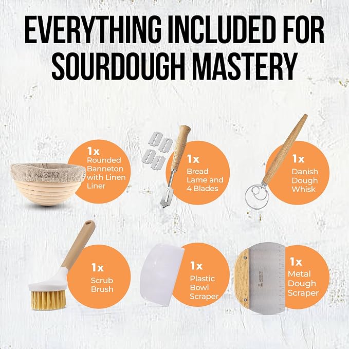 Banneton Bread Proofing Basket Set - Sourdough Bread Baking Supplies and tools, Round 9 Inch Bread Proofing Basket, Bread Lame, Dough Whisk, Metal and Plastic Scrapers, Flour Duster, Bread Making Kit