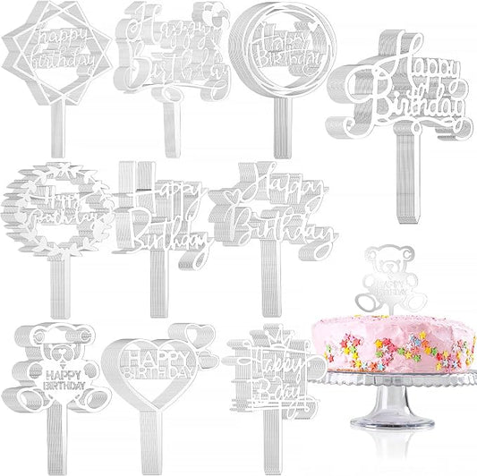 Outus 150 Pcs Happy Birthday Cake Toppers Acrylic Cake Topper Glitter Birthday Cake Decorations Double Sided for Adults Various Cake Decoration Party Supplies (Silver,Cute)