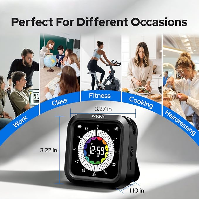 Visual Timer for Kids with Color Display Kitchen Timer 1500mAh Battery | Memory Function Scroll Wheel Control, Magnetic Back with Stand, Up to 12h59m Countdown, Kitchen, Study & Classroom