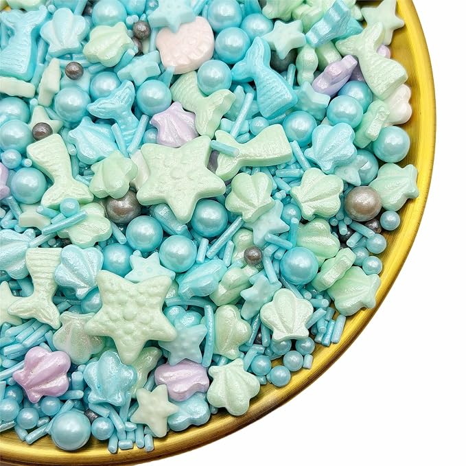 CandiJumpin Under The Sea Sprinkles, Edible Seashells and Starfish for Cake Decorating Ocean Themed Cake Decorations Teal Seashells and Mermaid Sugar Decorations Baby Shower Party Birthday Wedding Christmas Supplies 3 OZ