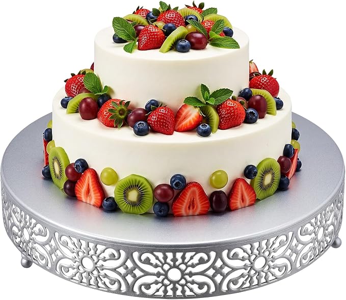 Wenqik 16 Inch Cake Stand Round Metal Cupcake Dessert Wedding Cake Stand Cookies Display Holder Fruit Food Serving Tray for Table Wedding Birthday Anniversary Party Decor (Silver)