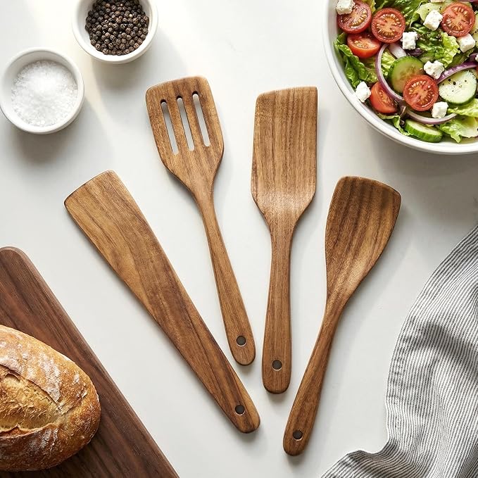 4 Pcs Acacia Wooden Spatula Set Non Toxic Kitchen Utensil Set Slotted Turner Flat Wood Wok Spatulas for Cooking Spoon Kitchen Spurtle Bamboo Cooking Utensils Fish Egg Flipper Spatula Cast Iron Scraper